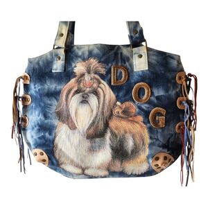 Courdury Blue Dog Design Shoulder Tote Bag Shih Tzu